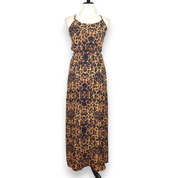 No Boundaries Brown Leopard Print Chiffon Maxi Dress Small - Picture 1 of 8